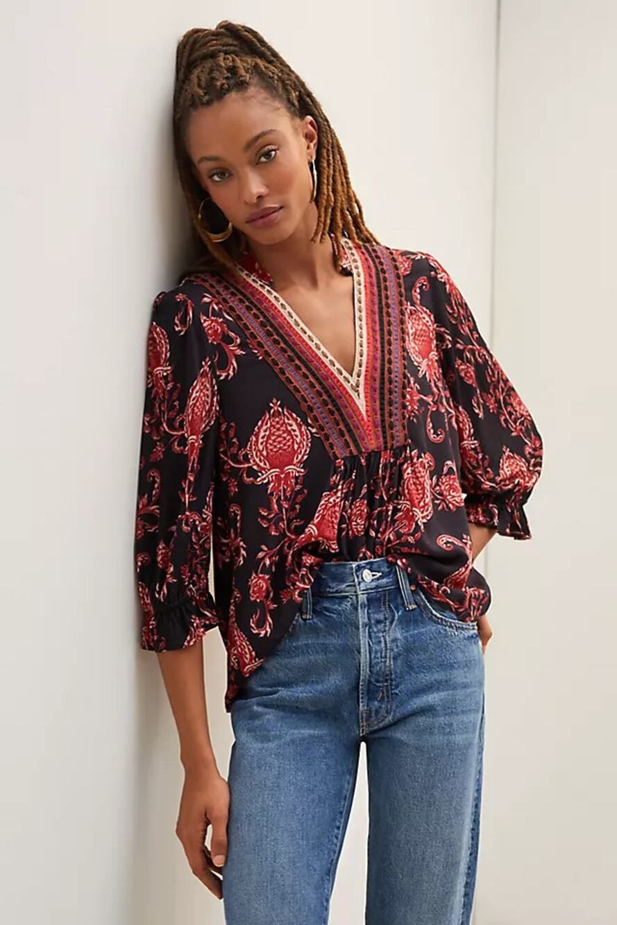 Bl-nk London Stephanie Floral V-Neck Blouse Womens Small Black Red 3/4 Sleeve